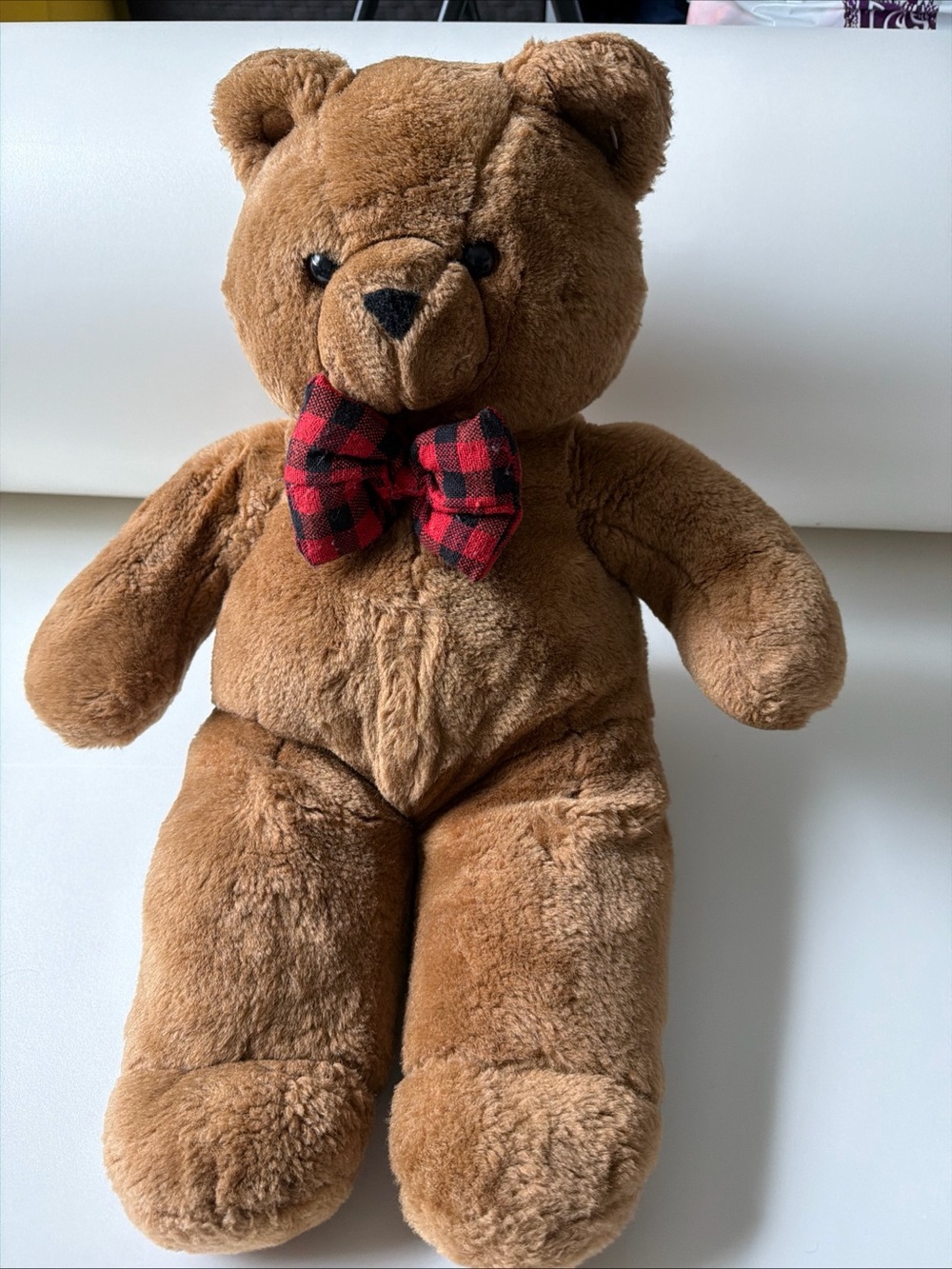 Classic Brown Plush Teddy Bear with Red Plaid Bow - Kids Toy
